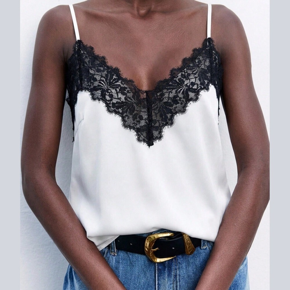 White Camisole Tank Top With Black Lace Trim